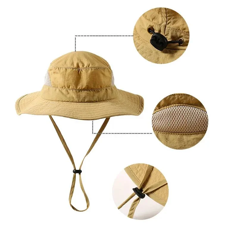 Summer Kids Sun Protection Hat Quick Dry Adjustable Wide Brim Mesh Bucket Hat for Camping Fishing and Outdoor Activities