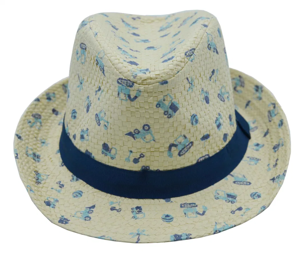 Wholesale Beige Children Straw Hats with Full Print Pattern and Fashion Tape BSCI, Oeko Tex