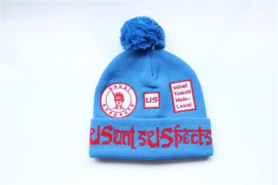 Custom 100%Acrylic Bobble Winter Sport Soccer Football Knit Jacquard Knitted Beanie Hat